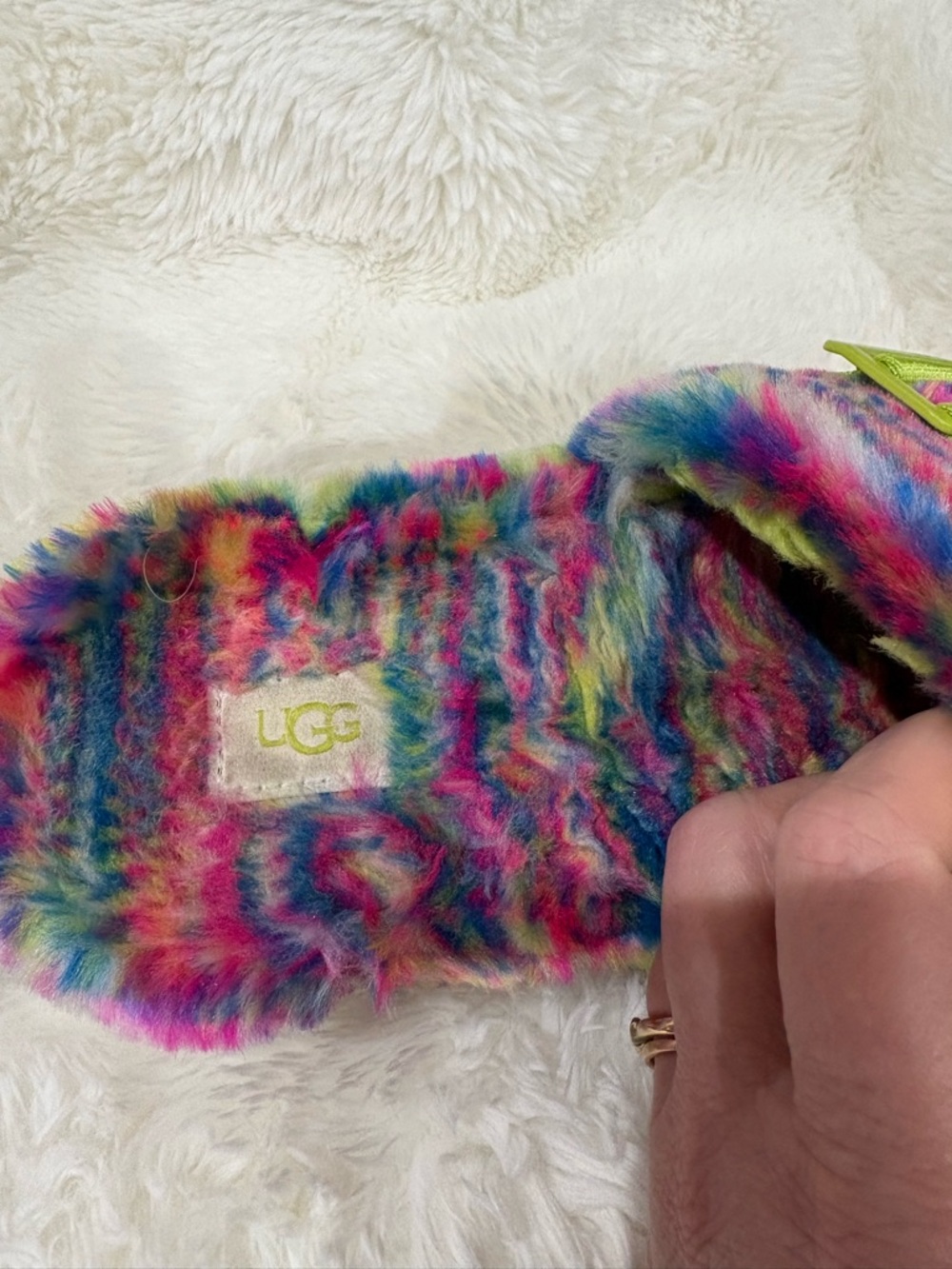UGG Neon Multi Faux Fur Slide with Lime Strap - Picture 6 of 10